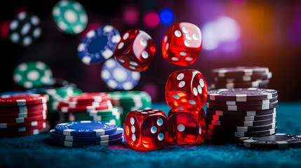 Casino Night: Dynamic shot of dice and poker chips, evoking excitement and the thrill of chance in a high-stakes game, rich in color and texture.