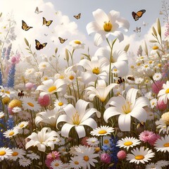 white flowers with butterflys