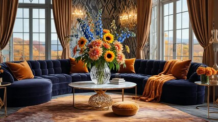 Elegant interior showcasing a plush, navy sofa with colorful floral arrangement in front of large windows overlooking an autumn landscape