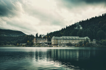 Fototapeta premium Lakeside building nestled among trees. Calm lake reflects building and cloudy sky. Mountain backdrop and serene nature. Tranquil waterscape with architectural beauty.