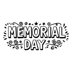 Stylish, black and white text graphic of "Memorial Day" with decorative flourishes.  Suitable for patriotic advertising or editorial use.