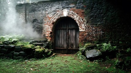 Aged stone gateway, misty garden