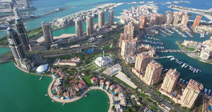 Aerial view of the Pearl-Qatar island in Doha, Qatar.