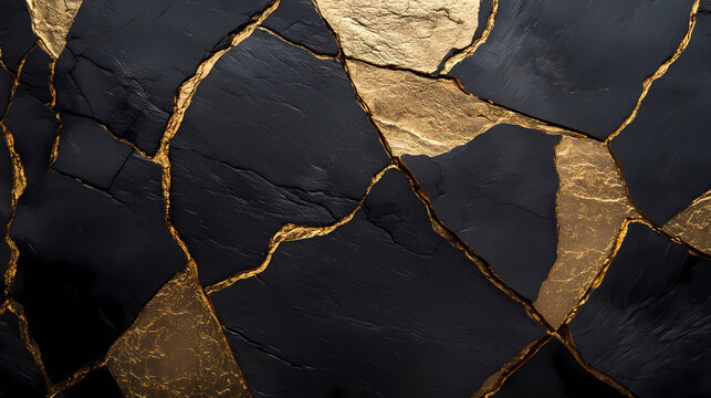 Kintsugi: Close-up view of the Japanese art of kintsugi, where broken pieces are meticulously reassembled using gold, symbolizing resilience and embracing imperfections. 
