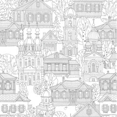 Naklejka premium Vector seamless pattern with antique churches and houses. Contour doodle sketch for coloring book page