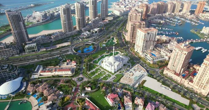 Aerial view of the Pearl-Qatar island in Doha, Qatar.