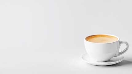 Simple white coffee cup on saucer.  Creamy latte atop