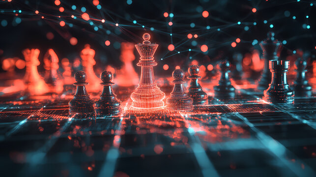 Chessboard Strategy: A compelling visual representation of strategic planning and competition. It showcases a detailed chessboard, featuring pieces such as kings, pawns, and others.