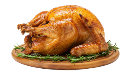 Golden roasted turkey on a wooden platter with rosemary sprigs against a black background studio shot