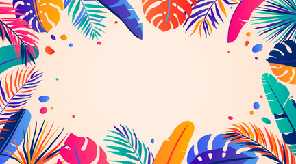 Summer vector background. Abstract border illustration with jungle exotic leaves, color bright gradient design and copy space at the center. Paradise scene template for vacation pattern, sale banner.
