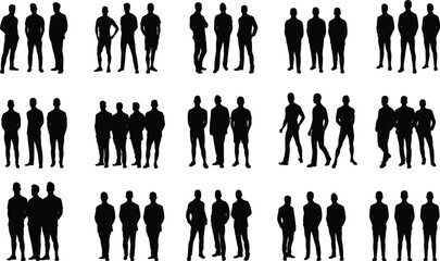 Male Silhouette Trio Poses Vector Set. Black Silhouettes of Three Men Standing Together. Vector illustration