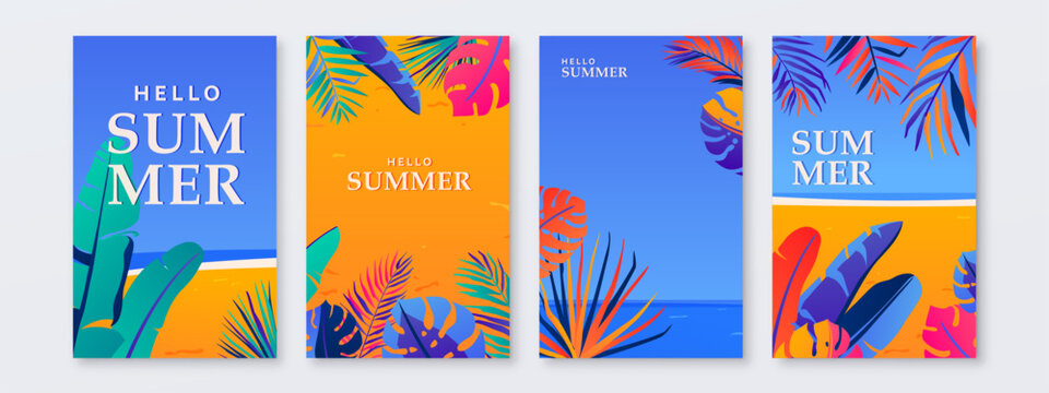 Summer landscape vector background. Social media story set for vertical summer template with copy space for text, sea, beach, sky, tropic jungle leaves. Tropical paradise design