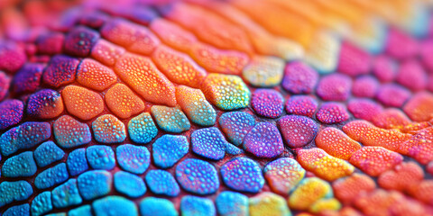 Macro shot of artificial reptile scales in iridescent purple, orange, and blue. Animal, reptile print