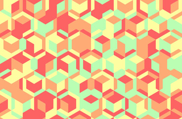Vibrant geometric pattern featuring interlocking cubes in coral, peach, and mint green.  Ideal for backgrounds, textiles, or modern design projects.