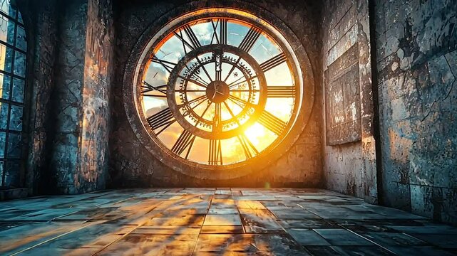 Sunlit, dilapidated clock tower interior with large clock face