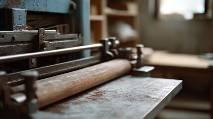 An industrial machine in a workshop, displaying worn textures and historical charm in soft focus.