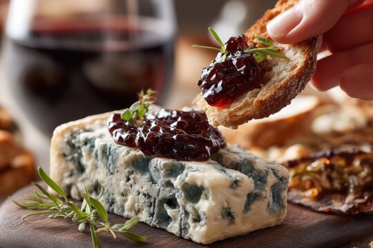 A close-up shot of a wooden cutting board with a slice of blue cheese topped with dark jam, paired with crusty bread, and a glass of rich red wine for a delightful culinary experience.