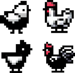Set of chicken pixel art vector.