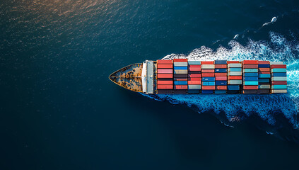 Container Ship at Sea: An aerial view captures a large container ship sailing across a deep blue ocean, leaving a white wake in its path.