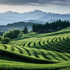 Rolling green tea plantations with misty mountains landscape