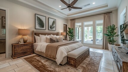 Master bedroom with white and brown walls, tiled flooring, and a luxurious king-size bed. 