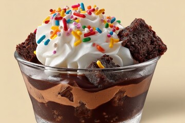 Delicious brownie sundae in a glass, topped with whipped cream and colorful sprinkles, tempting chocolate dessert with rich layers and decadent flavor appeal.