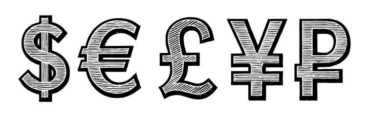Obraz premium Monochrome illustration featuring textured renderings of five major currency symbols: Dollar ($), Euro (€), British Pound (£), Japanese Yen (¥), and Russian Ruble (₽). Represents global finance