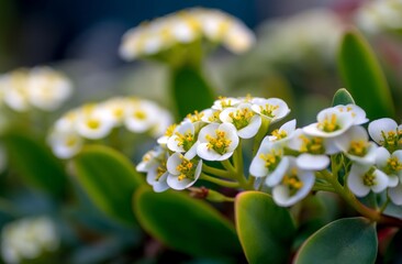 Close-Up View of Delicate White Flowers Blooming Vibrantly in Lush Green Foliage, Botanical Beauty Captured in Nature.