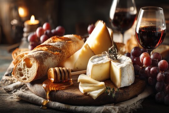 A delightful cheese board featuring a variety of cheeses, fresh grapes, crusty bread, honey dipper with dripping honey, two glasses of red wine, a rustic and inviting scene. - Powered by Adobe