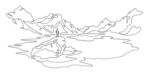 Continuous one line drawing  mountain lake.Man on a rock.Mountain landscape.Tourist on the lake.