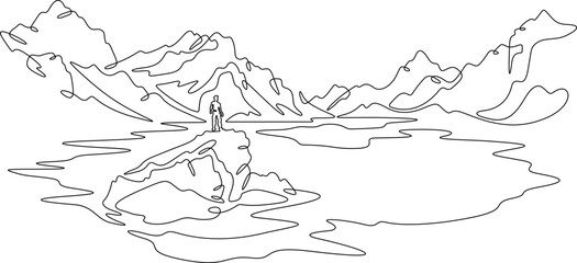 Continuous one line drawing  mountain lake.Man on a rock.Mountain landscape.Tourist on the lake.