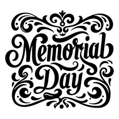 Ornate, stylized typography of "Memorial Day" with decorative flourishes. Ideal for commemorative advertising or editorial use related to remembrance and patriotism.