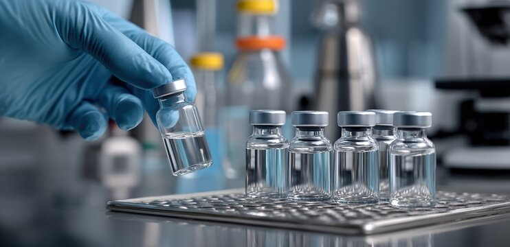 Scientist Carefully Handles Sterile Vials of Clear Liquid in a Lab Setting, Examining Pharmaceutical Solutions for Medical Research and Development