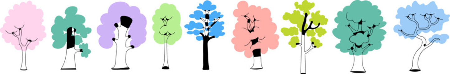 colored modern tree's collection in doodle style. Objects for design, logo, print, icon, landscape, coloring, background, sticker, postcard.