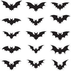 A set of black bat silhouettes with various wing shapes and body forms