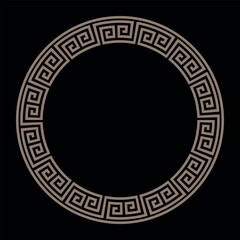 Golden Round frame meander. Typical egyptian, assyrian, greek, chinese motives. Circle border. Gold outline border isolated on black background. Template for textile, engraving, porcelain, embroidery