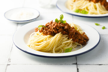 Traditional Spaghetti Bolognese with grated cheese