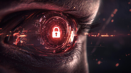 Futuristic cybernetic eye displaying padlock icon, symbolizing security and technology. intricate design evokes sense of advanced innovation and digital protection