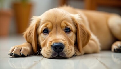Golden Retriever puppy lays down, head tilted , isolated, dog, background