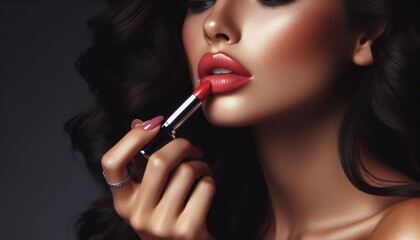 Obraz premium Caucasian Female Model putting on Lipstick - Cosmetic Advertisement of Lip Gloss, Liner, Lipstick, Lip Balm, - Woman Posing with and Applying Lipstick - Gloseup of Beauty Product