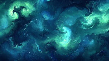 Abstract swirling teal and lime green color patterns.