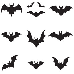 A set of black bat silhouettes with various wing shapes and body forms