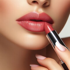 Caucasian Female Model putting on Lipstick - Cosmetic Advertisement of Lip Gloss, Liner, Lipstick, Lip Balm, - Woman Posing with and Applying Lipstick - Gloseup of Beauty Product