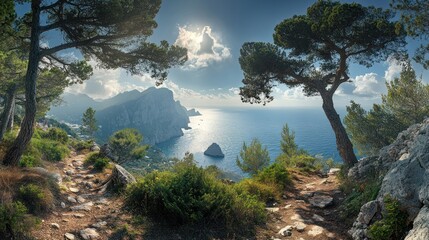 Obraz premium Sunny Mediterranean coastal trail panorama