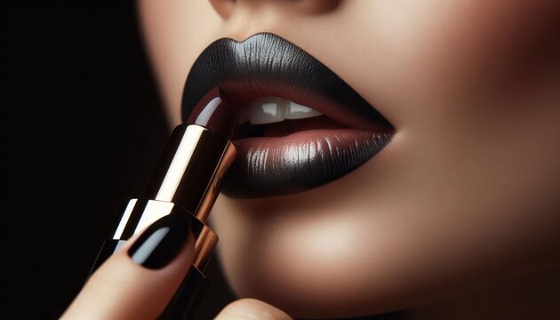 Caucasian Female Model putting on Lipstick - Cosmetic Advertisement of Lip Gloss, Liner, Lipstick, Lip Balm, - Woman Posing with and Applying Lipstick - Gloseup of Beauty Product - Powered by Adobe