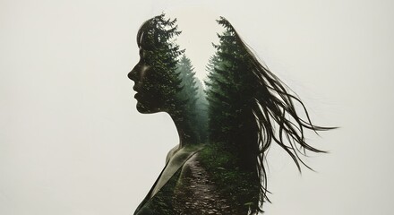 Woman's Silhouette Merged with a Forest Path: A Stunning Double Exposure Photograph