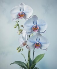 Fototapeta premium Close-up watercolor painting of Philippine Phalaenopsis orchids against a soft blue wash , design element, background