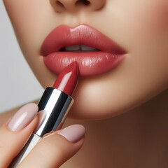Obraz premium Caucasian Female Model putting on Lipstick - Cosmetic Advertisement of Lip Gloss, Liner, Lipstick, Lip Balm, - Woman Posing with and Applying Lipstick - Gloseup of Beauty Product