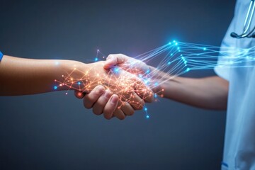 Digital Connection in Healthcare: Hands Shaking with Network and Data Visualization Symbolizing Collaboration in Modern Medicine