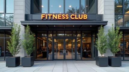 Contemporary fitness facility exterior featuring sleek architectural design with large glass windows revealing exercise activity inside, prominent brand signage
